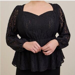 Torrid Black Sheer Lace Peplum Blouse with Lace Sleeves